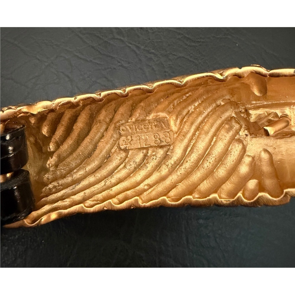 Vicenza Genuine Alligator Belt Women Black Gold Tone Vintage Ribbed Buckle 37.5" - Picture 3 of 11
